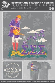 Sigma Sigma Sigma shirts by TGI Greek! sorority apparel, sorority shirts, custom shirts, custom sorority shirts, custom fraternity apparel, custom tees, fraternity shirt, tri sigma, sss, growth retreat, new member, watering can, spring flowers #tgigreek Sorority Outfits, Sorority Shirts, Fraternity Shirts, Custom Tees, Spring Flowers, Greek, Prints, Design, Custom Made T Shirts