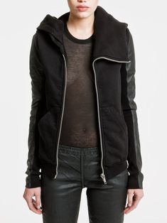 Ruffle Top Hooded Sweatshirt Asymmetrical Sleeves Black Hoodie Leather Top