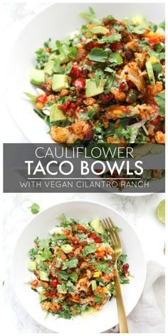 These Cauliflower Taco Bowls with Creamy Vegan Cilantro Ranch are filled with brown rice, bell peppers, onion & beans. A healthy & tasty vegan dinner | ThisSavoryVegan.com #thissavoryvegan #vegan #tacobowl Salads, Pasta, Paleo, Mexican Food Recipes, Taco Bowls, Veggie Recipes, Vegan Dinners