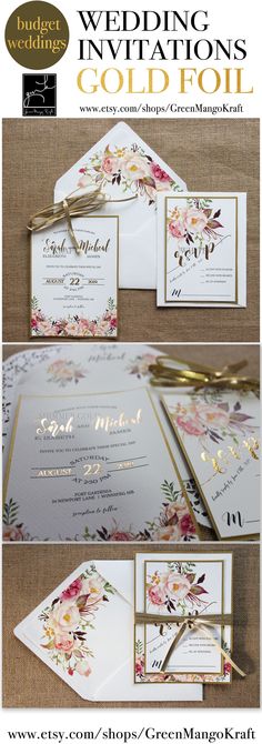 GOLD FOIL WEDDING INVITATIONS Rustic Wedding Invitation Suite Blush pink watercolor floral invite Bohemian Invite Set Floral Kraft liner Boho Chic GOLD foil invites romantic floral invitations trending fall wedding Navy Wedding Invitations, Wedding Invitations Boho, Rustic Wedding Invitation Suite, Foil Wedding Invitations