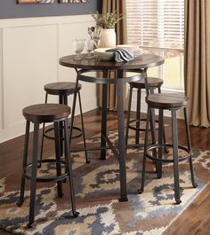 Signature Design By Ashley Challiman Round Pub Table Kitchen Wood Plank 5 Piece Pub Table Set Rustic Inspired