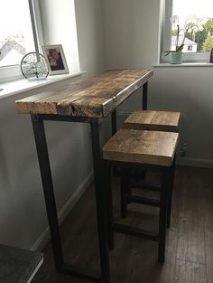 Industrial Mill Style Reclaimed Wood Breakfast Bar Two Stools Industrial Mill Style Reclaimed Wood Breakfast Bar Two Stools