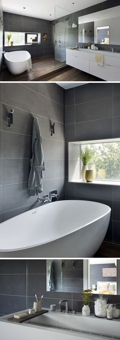 5 Beautiful Bathroom Renovation Ideas For The Casa Large Dark Grey Rectangular Tiles And Wood Flooring Give This Master Bathroom A Sophisticated Look
