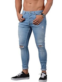 Sarriben Mens Stretch Slim Fit Wrinkled Biker Jeans Zipped Pants With Cargo Pocket