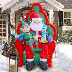 Penguins Christmas Masters 7 Foot Long Inflatable Santa Claus On Sleigh with Reindeer Gift Bag and Presents Indoor Outdoor Yard Lawn Decoration with LED Lights Cute Fun Xmas Holiday Party Blow Up