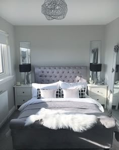 74 Best White And Silver Bedroom Images Bedrooms Decor Master Bedroom Inspo Goals Black And White Silver Sheepskin Rug Mirrored Bedside Table Lamps