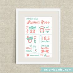 8x10 birth print for girls custom nursery art birth babies and custom birth plan