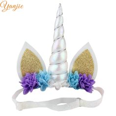 UNICORN HORN HEADBAND ELASTIC GOLD GLITTER//FLOWERS