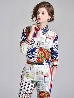 Women Striped Two Piece Long Sleeve Shirt Top+Pants Outfit Outfit Office Work