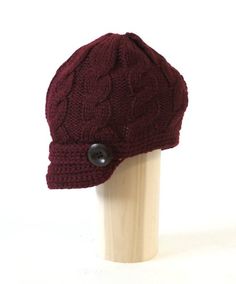 Wm’s Drk Brown Hand Knitted Newsboy Hat Cap w// Short Soft Visor Side Buttons