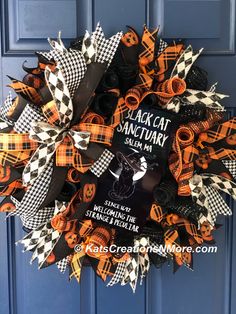 Halloween Wreath for Front Door Black Orange and Green Deco Mesh Wreath Enter If You Dare Sign Home Decor
