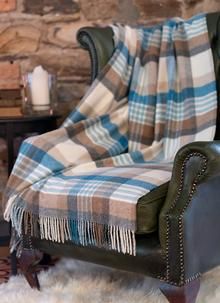 Melbourne Stripe Lamsbwool Throw Cozy Wool With A Check Pattern In Blue Brown And Cr Soft Furnishings Lambswool Home Accessories Cozy Wool Throw With A Melbourne Stripe