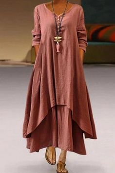 Femmes Italien Plain Top Femmes Lagenlook Coton Baggy Robe deux poches Collier