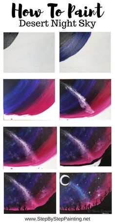 How to paint desert painting night sky. #desertpainting #galaxy This painting can also be simplified by stopping at step three and just adding the desert silhouette instead of doing all the galaxy extras. Cactus Painting