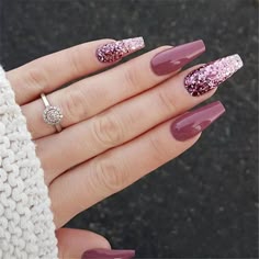 Elegant Purple Glitter Coffin Nails