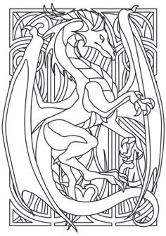 Framed By Golden Art Nouveau Swirls This Dragon Strikes A Powerful Pose Downloads As Colouring PagesColoring