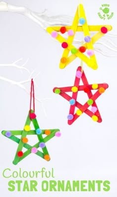 STAR ORNAMENTS - This colourful pom pom popsicle stick craft will look amazing hanging on your Christmas tree or as a bright and cheery star craft for a bedroom or nursery all year round. An easy and pretty Christmas craft for kids. #stars #starcraft #popsiclestickstars #popsiclestickcraft #christmascraft #popsiclestick #craftsticks #kidscrafts #craftideasforkids #kidschristmascrafts #easykidscrafts #easycrafts #kidsactivities #pompoms #pompomcraft via @KidsCraftRoom Decoration, Ornaments, Decoracion Navidad, Star Ornament, Kids Ornaments, Diy Christmas Ornaments, Navidad, Diy Christmas Tree, Stars Craft