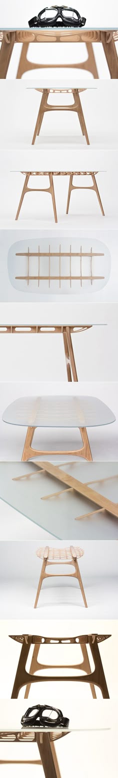 Manfred table explores the sculptural structure of wooden airplane wings
