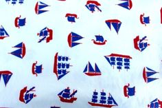 1970/'s material Retro free shipping sewing supply Vintage Fabric textile Sailboats 50L x 44W Nautical