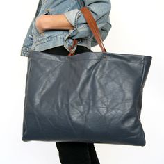 Extra Large Black Leather Tote With Zipper Navy Extra Large Tote Recycled Leather By Mittenmaker