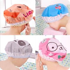 Nette karikatur duschbad kappe frauen hut für bäder und saunen spitze elastische band cap spa kappe frauen kinder haar schutzkappe