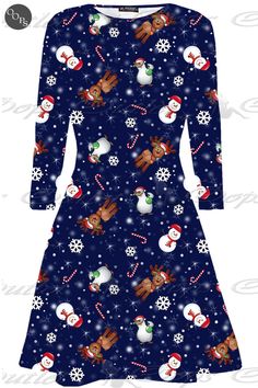 Kids Girls Xmas Reindeer Floral Heart Snowman Broom Stick Christmas Swing Dress