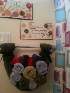 Cute Idea For Boys Bathroom My Pinterest Towel Storage Cute Towel Storage Idea I Got From My Sister In Law Those Are Hand Towels And Wash Cloths Just Use Ribbon To Tie Hold The Place