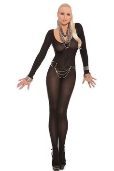 Women Lingerie Bodysuits Long Sleeve Hollow Out Crotchless Stretchy/'Bodystocking