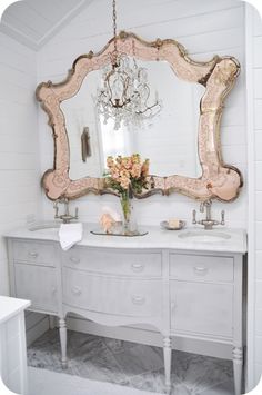 White wooden vanity multi mirror shabby vintage chic pretty ornate bedroom hall