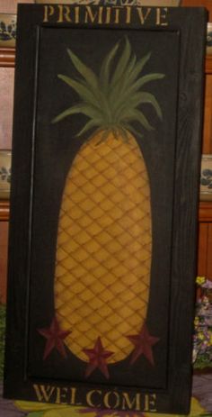 Primitive Folk Art Pineapple Welcome Print on Canvas Board 5x7/"