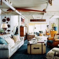 639 Best Beach House Interiors Images On Pinterest In 2018 Beach Shack Style Ralph Lauren Striped Sofa Wooden Beams Nautical Eclectic In Love