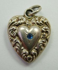 Antique Sterling Silver very tiny Puffy Heart Charm With Turquoise