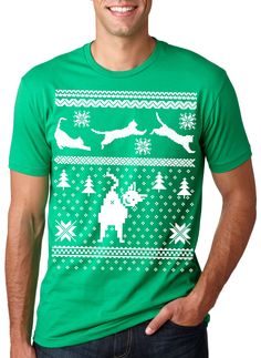 Ugly Christmas Sweater humping Reindeer funny White Elephant t shirt MENS GREEN