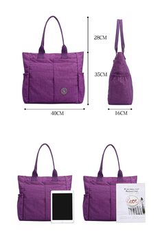 Black HB Nylon Water Resistant Multi Pockets Large Lightweight Tote Bag Shoulder Bag for Gym Hiking Picnic Travel Beach Waterproof Tote Bags