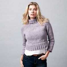 Free Knitting Pattern for a Bush Without a Paddle Sweater using bulky yarn. Ladies knit cropped sweater with a turtleneck.