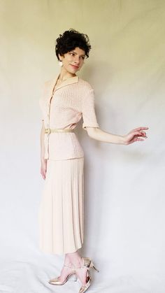 Vintage 1940s Knitwear Skirt Set Short Sleeve Beige Small Blouse Minimal Delicate Knit Suit Deco Button Front