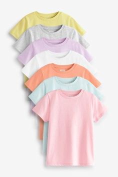 Pack of 7. Soft cotton blend. Pretty pastel colours. Machine washable. T-shirt white, T-shirt mint, T-shirt yellow and T-shirt orange 100% Cotton. T-shirt pink and T-Shirt lilac 60% Cotton, 40% Polyester. T-Shirt Grey 95% Cotton, 5% Viscose.