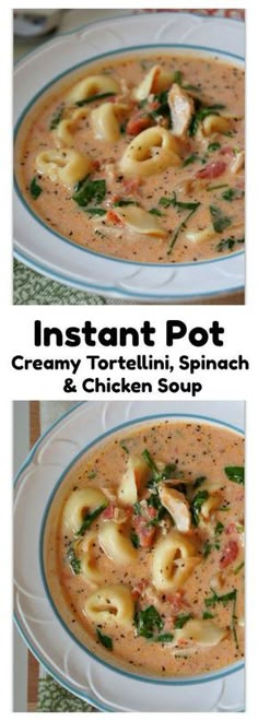 Instant Pot Creamy Tortellini, Spinach and Chicken Soup–creamy tomato based soup with bites of tender chicken, cheesy tortellini and fresh bright green spinach. This version is made in the electric pressure cooker and is a quick and easy one pot meal. Everyone in my house loves this soup and I love making it for friends too. I’ve never heard a complaint when I’ve made this soup! Soup Recipes, Lasagne, One Pot Meals, Spinach Soup, Spinach Chicken Soup