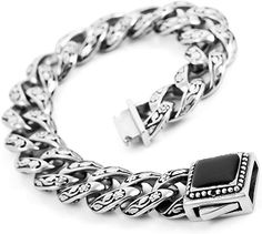 INBLUE Mens Stainless Steel Bracelet Link Wrist Silver Tone Black Skull Cross INBLUE Mens Stainless Steel Bracelet Link Wrist Silver Tone Black Skull Cross