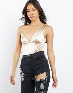 Ladies Fashion Metallic Gold Contrast Strappy Sides Bodysuit
