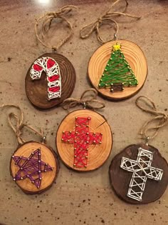 Requirement 1 (T) Learn the basics of 3 crafts listed (pg. 170) & make 1 of each. - String Art Christmas Ornaments Homemade, Christmas Star, Holiday Ornaments, Deco Originale, Wood Slice Ornament, Holiday Gift Tags