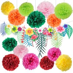 Green Easy Joy Summer Party Birthday Wedding Decoration Kit Paper Fans Pineapple Banner Tassel Garlands for Beach Carnival Anniversary Hanging Decoration
