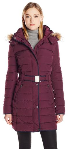 Womens Down Alternative Long Belted Puffer Coat Fur Trim Detachable Hood