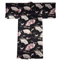 Japanese Children Yukata Kimono Robe Girl Cotton Rippled Fan Crane Made in Japan