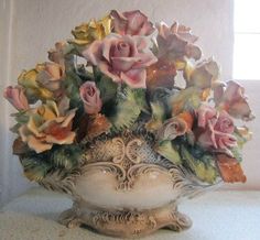 Vintage Hand Painted Small Italian Ceramic Floral Capodimonte Style Trinket Basket
