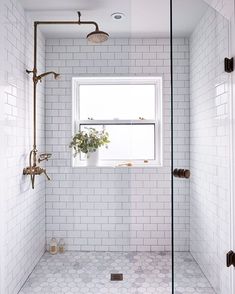 31 Retro Black White Bathroom Floor Tile Ideas And Pictures This Subway Tile Shower With A Window And Gold Accents