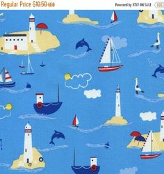 Sail Boats on White 100/% cotton fabric 44 inch// 110cm Lighthouse nautical sea