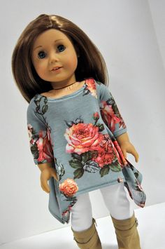 Lavender Floral Top,Purse /& White Leggings fits 18/" American Girl Doll Clothes