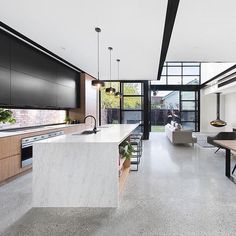 Kitchen Flooring, Concrete Kitchen, Wood Kitchen Cabinets, Modern Kitchen Cabinets, Polished Concrete, Black Kitchens, Wood Kitchen