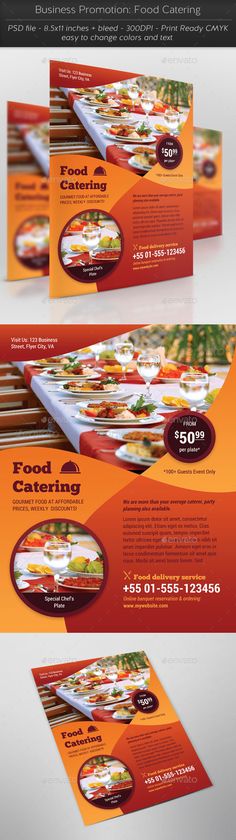 Business Promotion: Food Catering. Customizable professional template for a restaurant flyer. #FlyerTemplate #flyer #restaurant #GraphicTemplate #design #PrintDesign #banquet #buffet #caterer #catering #chef #delivery #food #fork #gourmet #knife #party #plate Brochures, Food Plating, Catering Guide, Delivery Food, Food Delivery, Catering Logo, Food Service, Catering